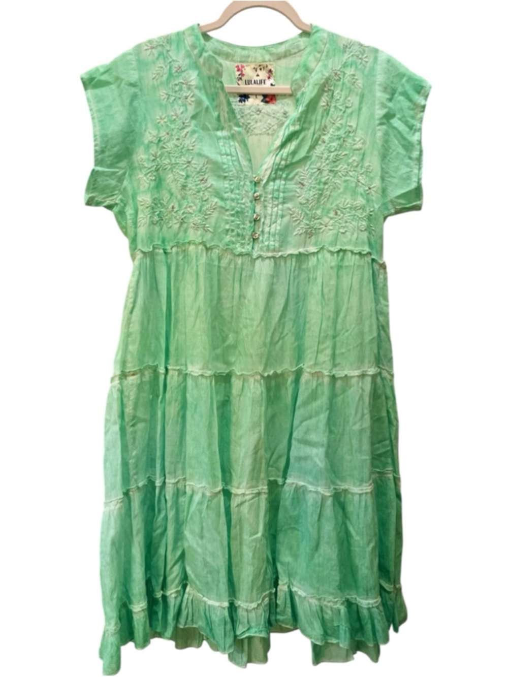 EUC Women's LULALIFE Green & White Embroidered Tiered Mini Dress M - Picture 4 of 8